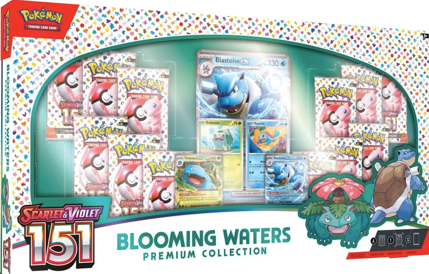 Pokémon 151 Blooming Waters Premium Collection – 4 Cartas Promocionales + 12 Sobres TCG