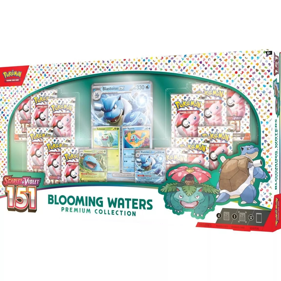 Pokémon 151 Blooming Waters Premium Collection – 4 Cartas Promocionales + 12 Sobres TCG