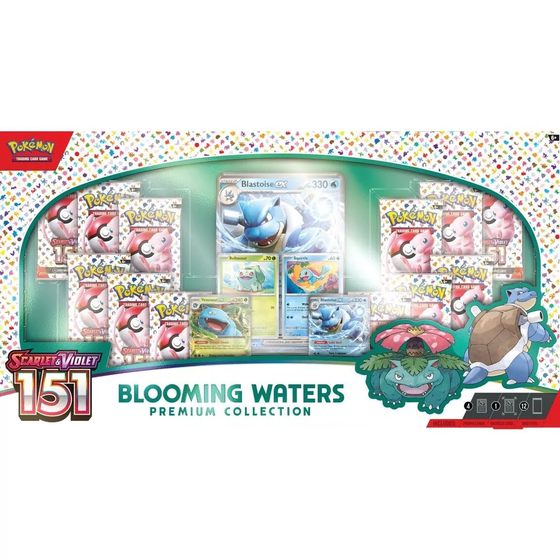 Pokémon 151 Blooming Waters Premium Collection – 4 Cartas Promocionales + 12 Sobres TCG