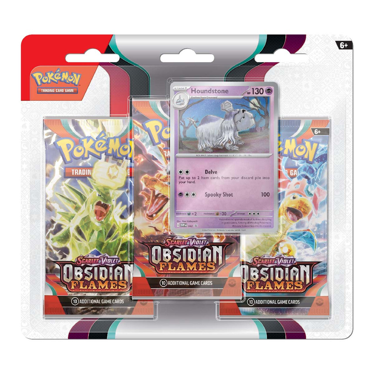 Pokémon OBF Obsidian Flames Houndstone 3‑Pack Blister – 1 Promo + 3 Sobres (Inglés)
