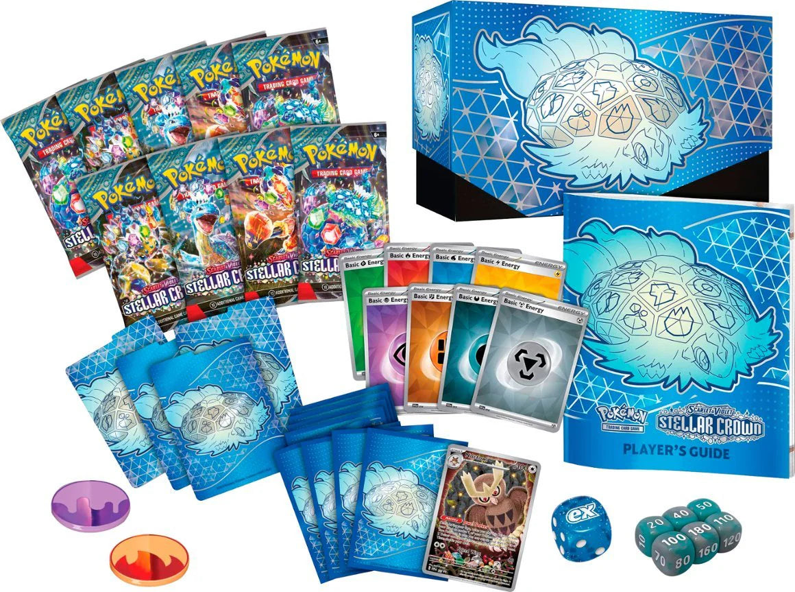 Pokémon TCG Scarlet & Violet: Stellar Crown Elite Trainer Box con 9 Sobres, Carta Promoa Noctowl y Accesorios de Colección