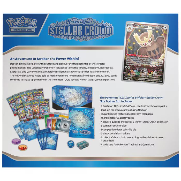 Pokémon TCG Scarlet & Violet: Stellar Crown Elite Trainer Box con 9 Sobres, Carta Promoa Noctowl y Accesorios de Colección