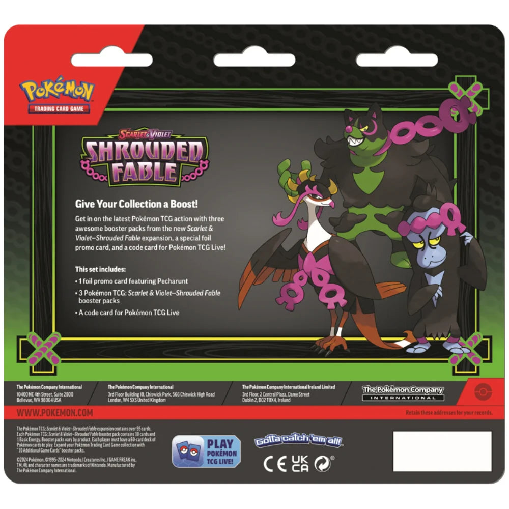 Pokémon TCG 3-Pack Blister Scarlet & Violet Shrouded Fable con Carta Promo Pecharunt Black Star y 3 Sobres Coleccionables