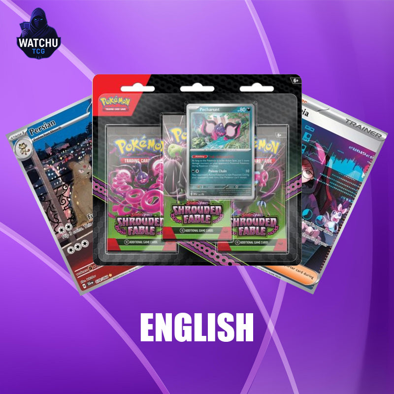 Pokémon TCG 3-Pack Blister Scarlet & Violet Shrouded Fable con Carta Promo Pecharunt Black Star y 3 Sobres Coleccionables