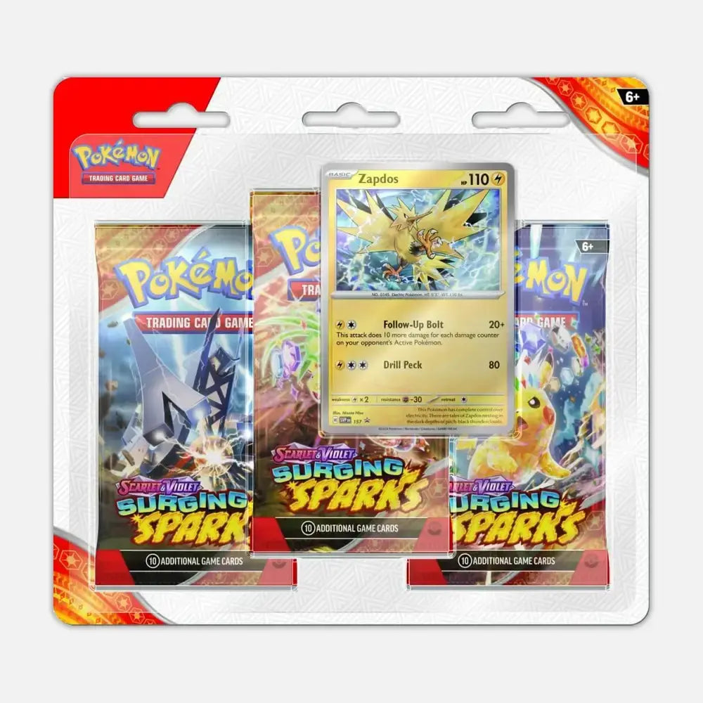 Pokémon TCG 3-Pack Blister Scarlet & Violet Surging Sparks con Carta Promo Zapdos Black Star y 3 Sobres Coleccionables