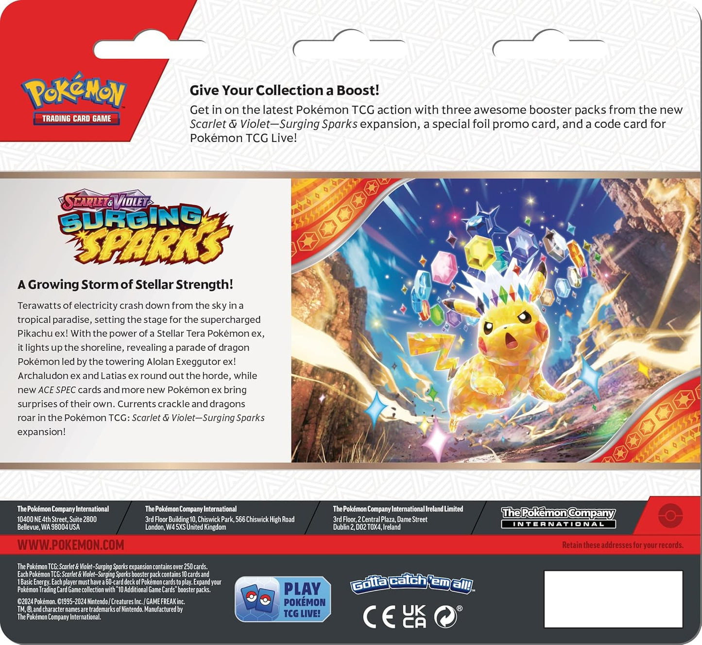 Pokémon TCG 3-Pack Blister Scarlet & Violet Surging Sparks con Carta Promo Zapdos Black Star y 3 Sobres Coleccionables