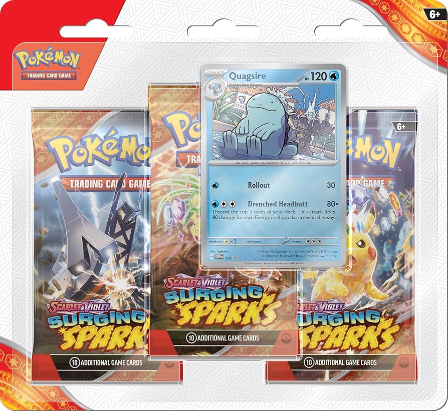 Pokémon TCG 3-Pack Blister Scarlet & Violet Surging Sparks con Carta Promo Quagsire Black Star y 3 Sobres Coleccionables