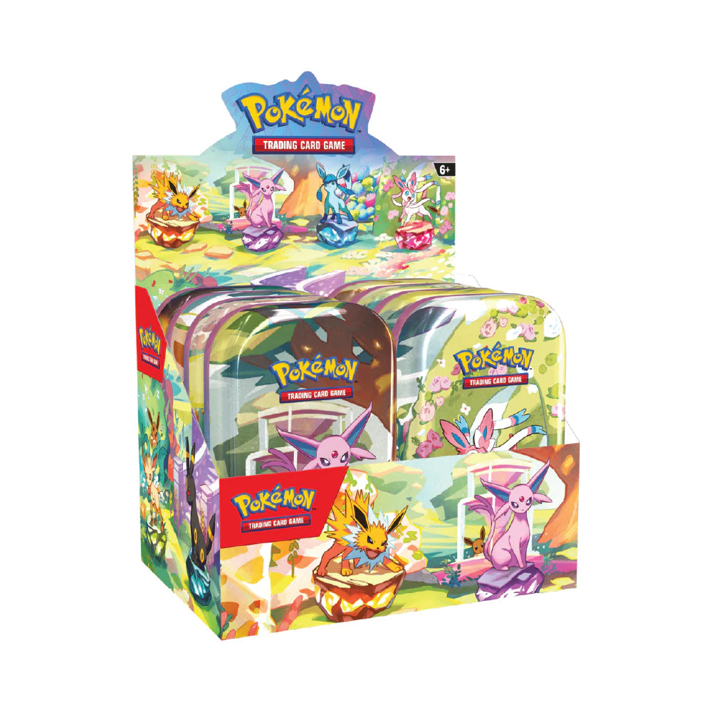 Pokémon Prismatic Evolutions Mini Tin Display Inglés – 8 Mini Tins Oficiales con Sobres Pokémon TCG