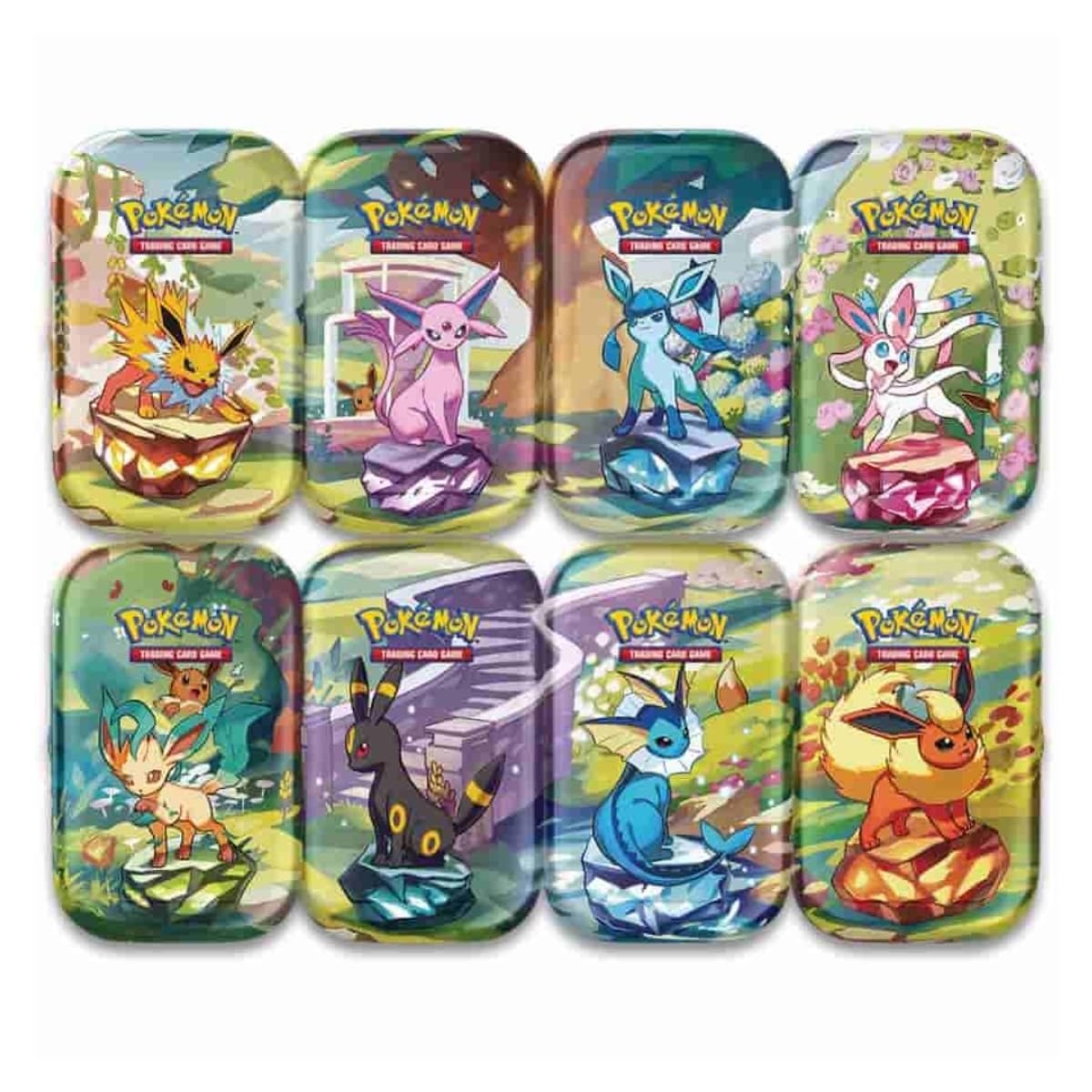 Pokémon Prismatic Evolutions Mini Tin Display Inglés – 8 Mini Tins Oficiales con Sobres Pokémon TCG