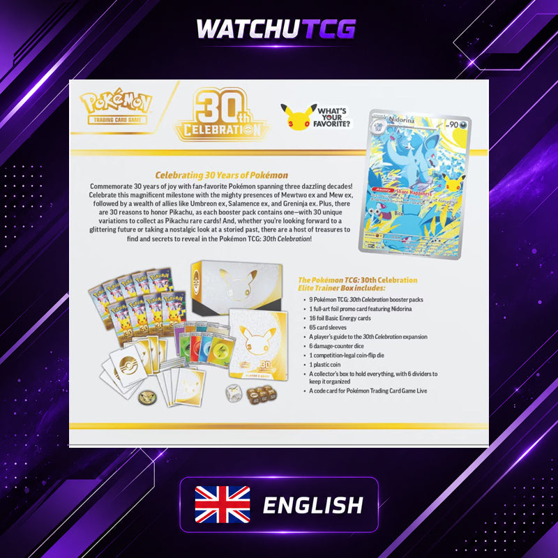 Pokémon TCG 30th Celebration Elite Trainer Box ETB Inglés – 9 Sobres + Promo Nidorina