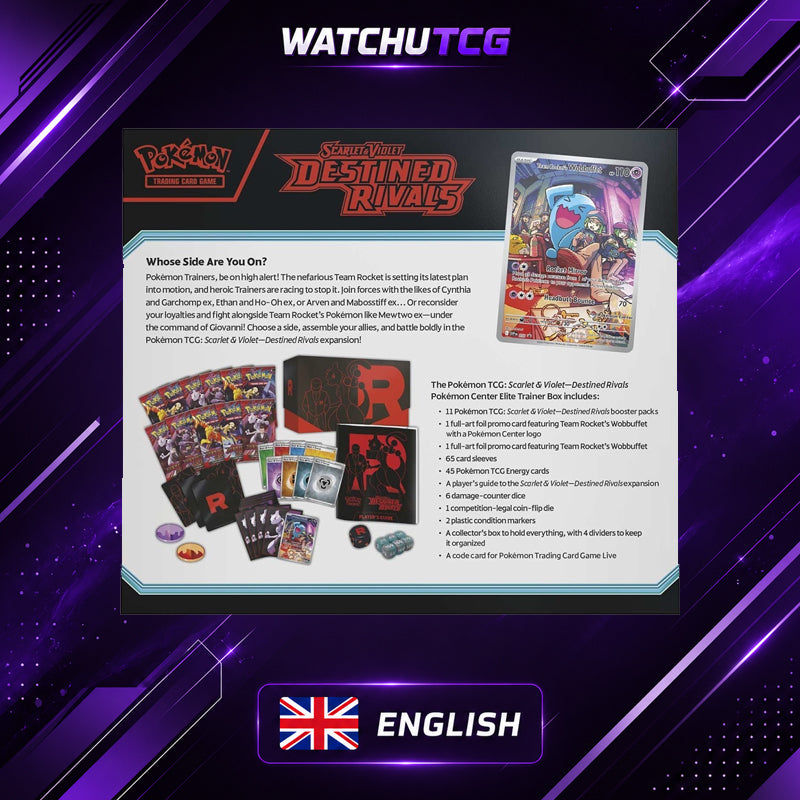 Pokémon TCG Scarlet & Violet Destined Rivals Elite Trainer Box ETB Inglés – 9 Sobres + Promo Team Rocket’s Wobbuffet