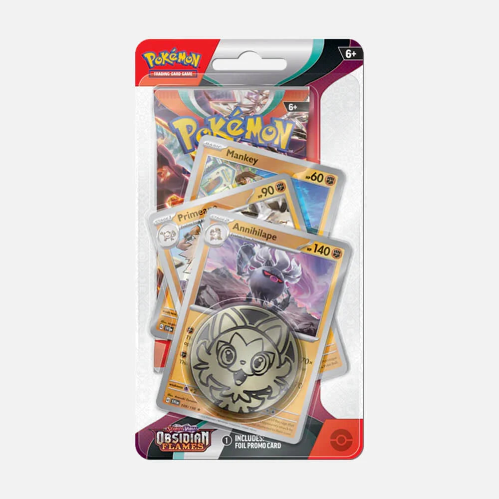 Pokémon OBF Obsidian Flames Annihilape Checklane Blister – 3 Promos, 1 Sobre y Moneda (Inglés)