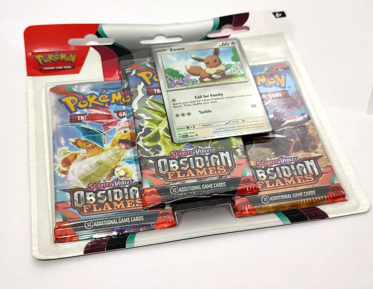 Pokémon OBF Obsidian Flames Eevee 3‑Pack Blister – 1 Promo + 3 Sobres (Inglés)