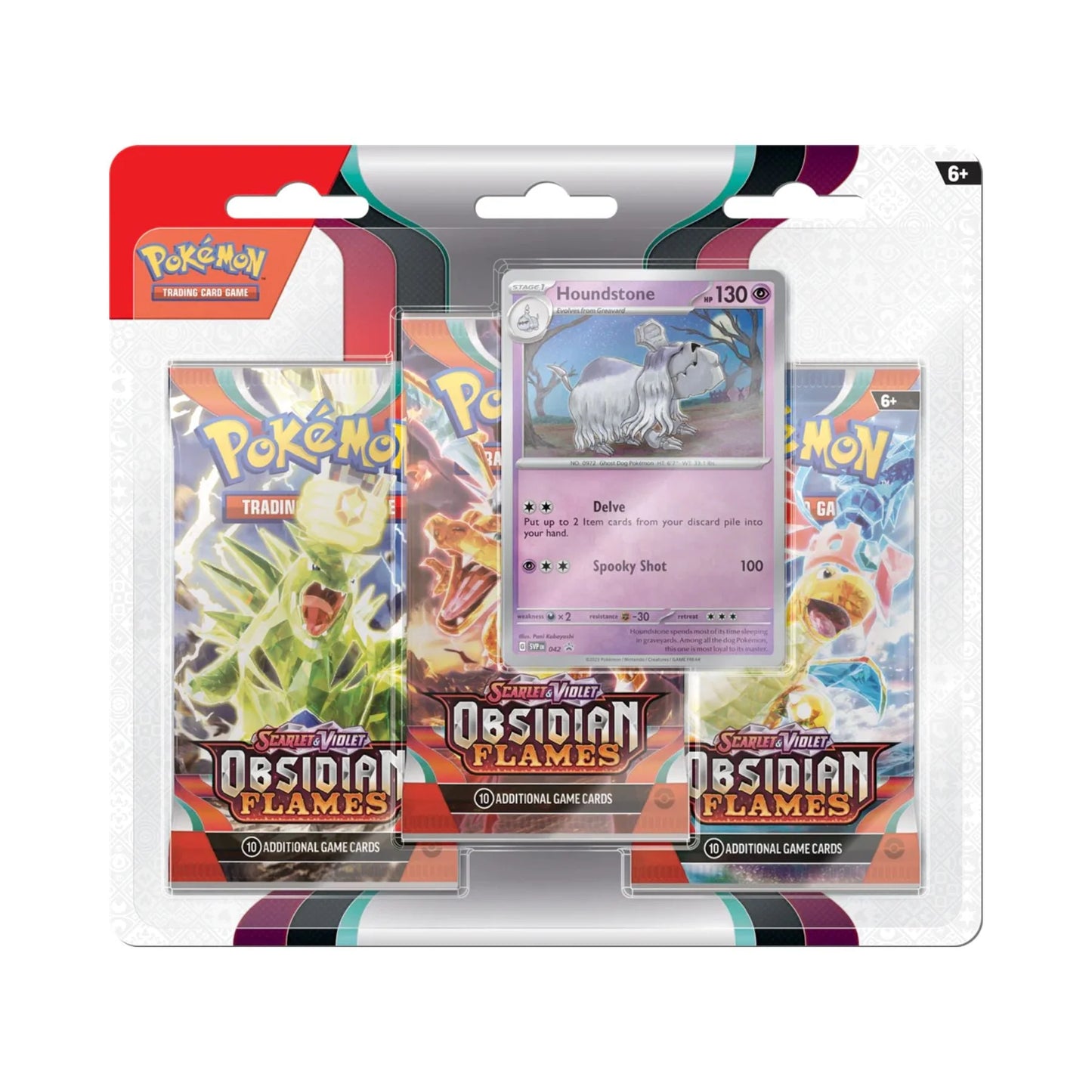Pokémon OBF Obsidian Flames Houndstone 3‑Pack Blister – 1 Promo + 3 Sobres (Inglés)
