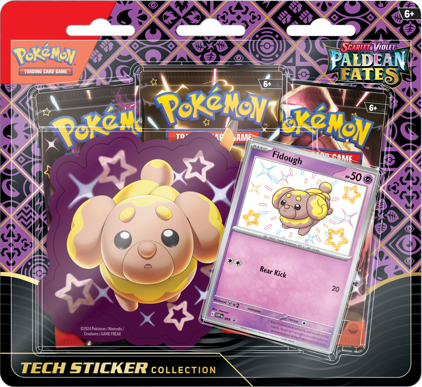 Pokémon PAF Paldean Fates Fidough Tech Sticker Collection – Promo, 3 Sobres y Pegatina (Inglés)