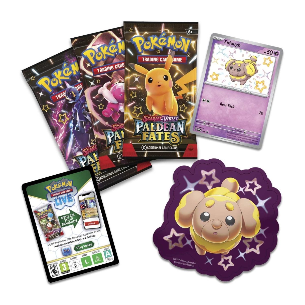 Pokémon PAF Paldean Fates Fidough Tech Sticker Collection – Promo, 3 Sobres y Pegatina (Inglés)
