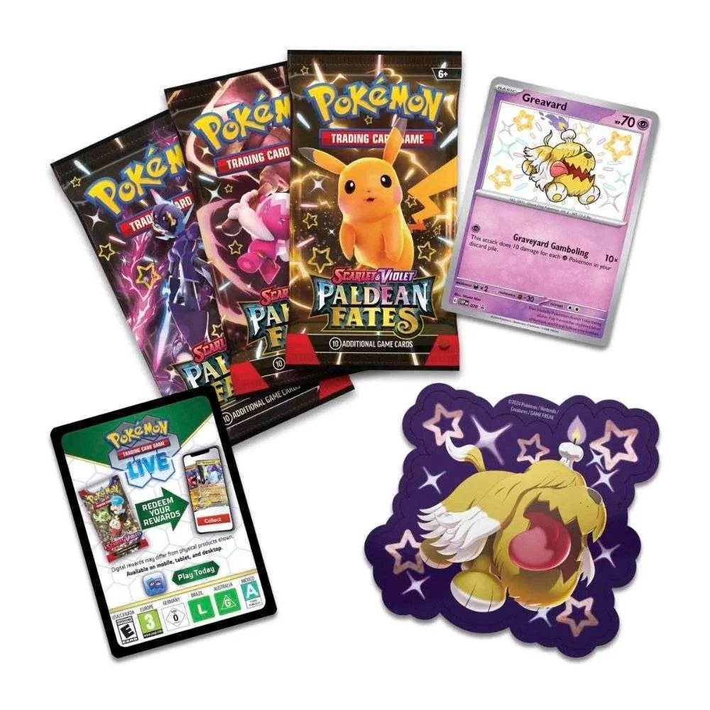Pokémon PAF Paldean Fates Greavard Tech Sticker Collection – Promo, 3 Sobres y Pegatina (Inglés)