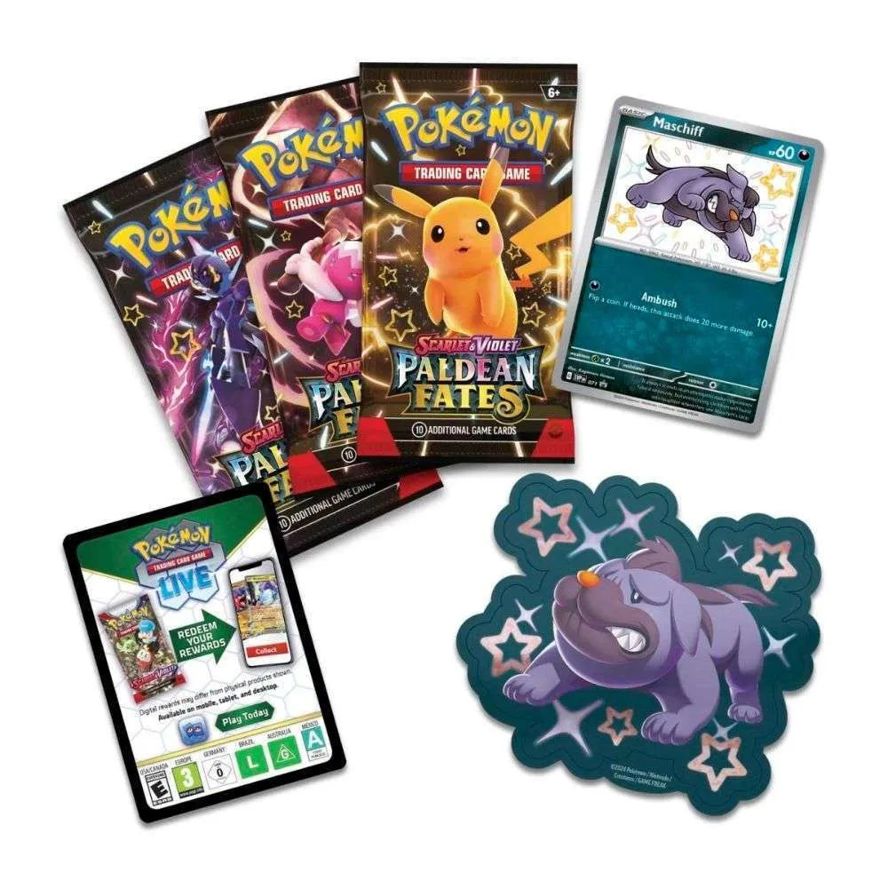 Pokémon PAF Paldean Fates Maschiff Tech Sticker Collection – Promo, 3 Sobres y Pegatina (Inglés)