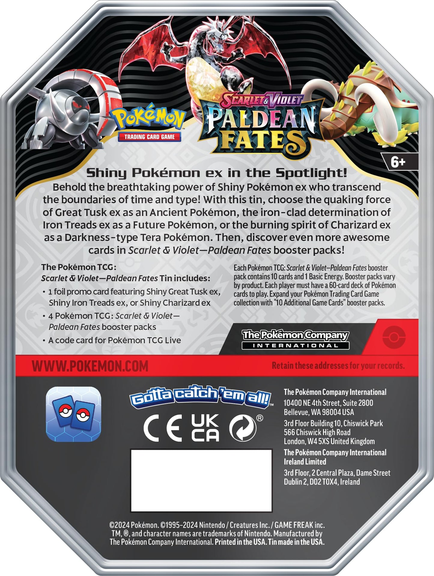 Pokémon TCG Paldean Fates Shiny Charizard ex Tin – Promo Charizard + 4 Sobres de Expansión
