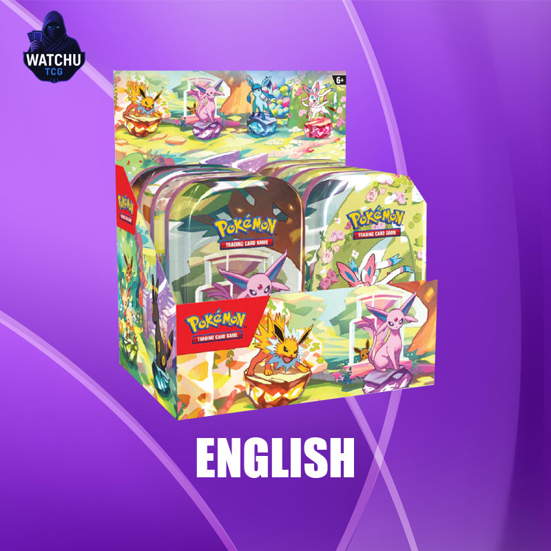Pokémon Prismatic Evolutions Mini Tin Display Inglés – 8 Mini Tins Oficiales con Sobres Pokémon TCG